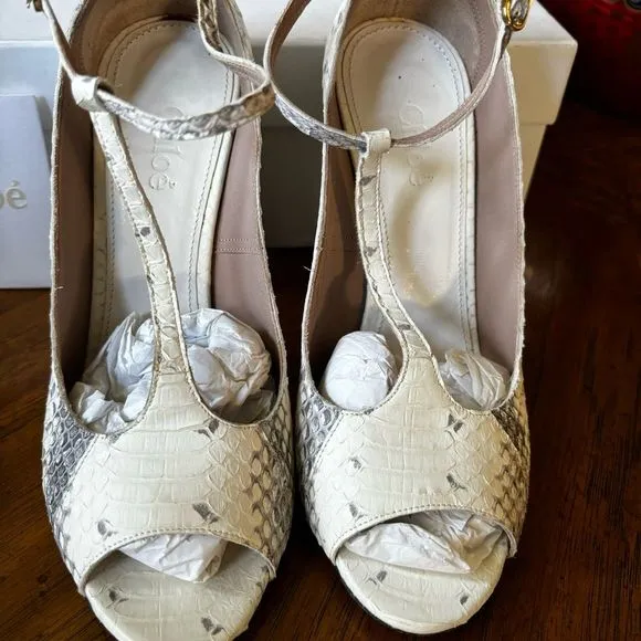 Chloé Ivory Python T-Strap Chunky Heel Shoes, Size 6 – EUC in Original Box
