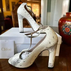 Chloé Ivory Python T-Strap Chunky Heel Shoes, Size 6 – EUC in Original Box