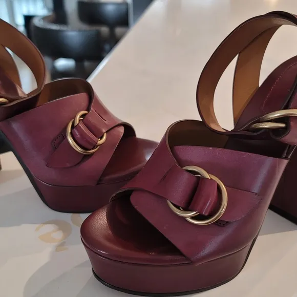 CHLOE Burgundy Platform Shoes with Peep-Toe &amp; Ankle Straps Size EUR 36 NIB