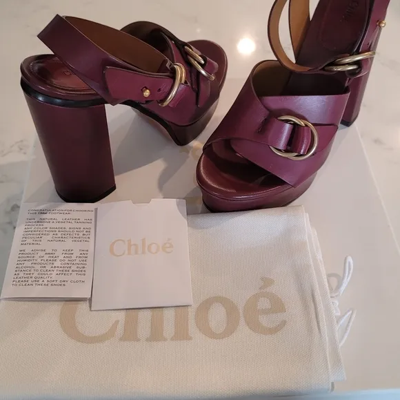 CHLOE Burgundy Platform Shoes with Peep-Toe &amp; Ankle Straps Size EUR 36 NIB