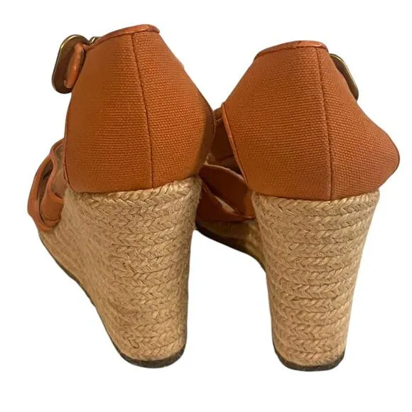Chloe Canvas Espadrille Wedge Sandals •39/ 8-8.5• Orange Rust Heels Spain