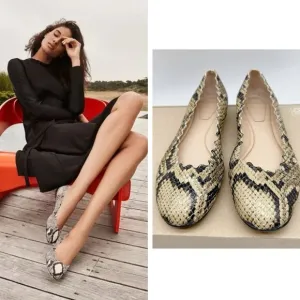 Chloe Lauren Scalloped Ballet Shoes Flats Dark Greige Snakeskin Leather US 35.5