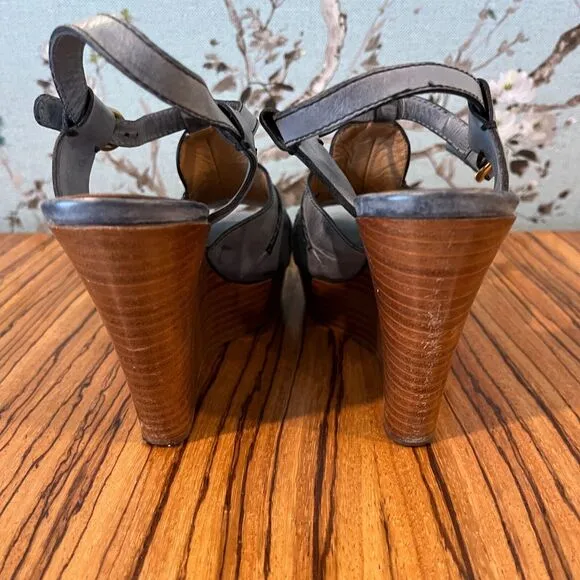 Chloe Ocean Blue Leather Wedge Platform Sandals Size 6.5