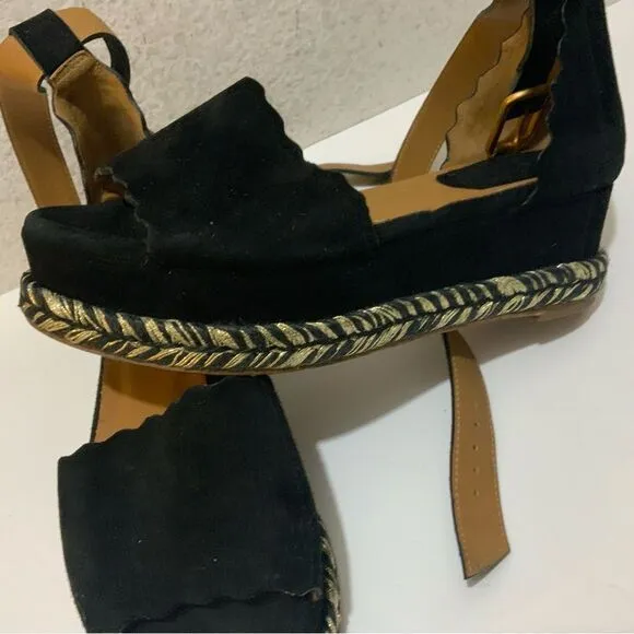 Chloe Black Suede Lauren Espadrille Wedge Sandals Size 36