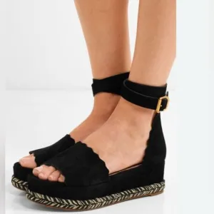 Chloe Black Suede Lauren Espadrille Wedge Sandals Size 36