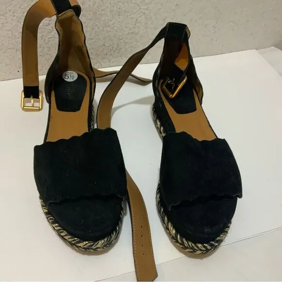 Chloe Black Suede Lauren Espadrille Wedge Sandals Size 36