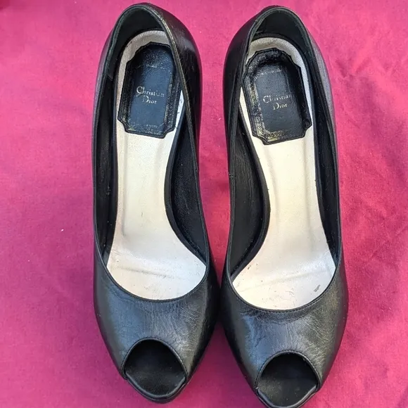 Christian Dior black leather open toed platform heels Size 36 1/2