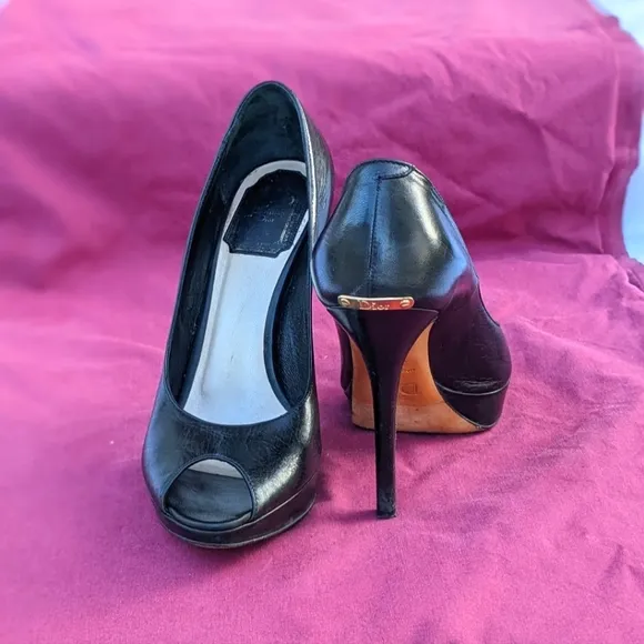 Christian Dior black leather open toed platform heels Size 36 1/2