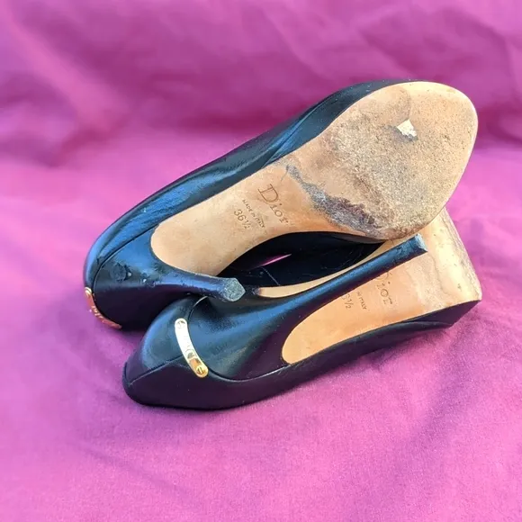 Christian Dior black leather open toed platform heels Size 36 1/2