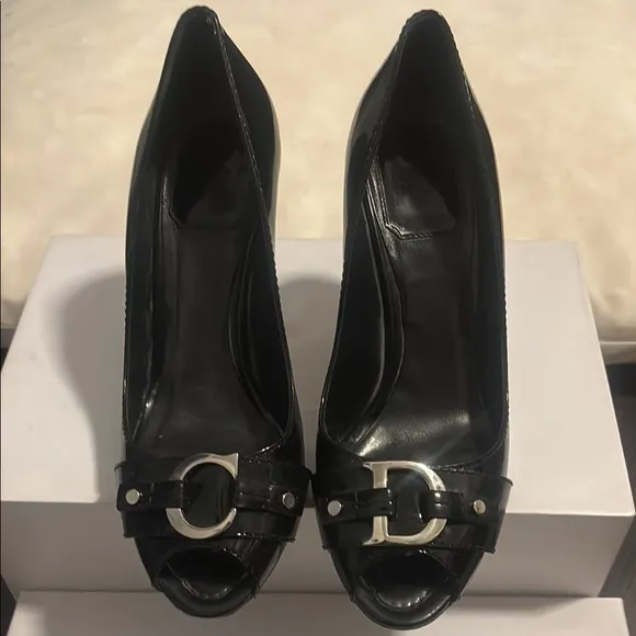 Christian Dior Black Patent Leather CD Logo Peep Toe Pumps