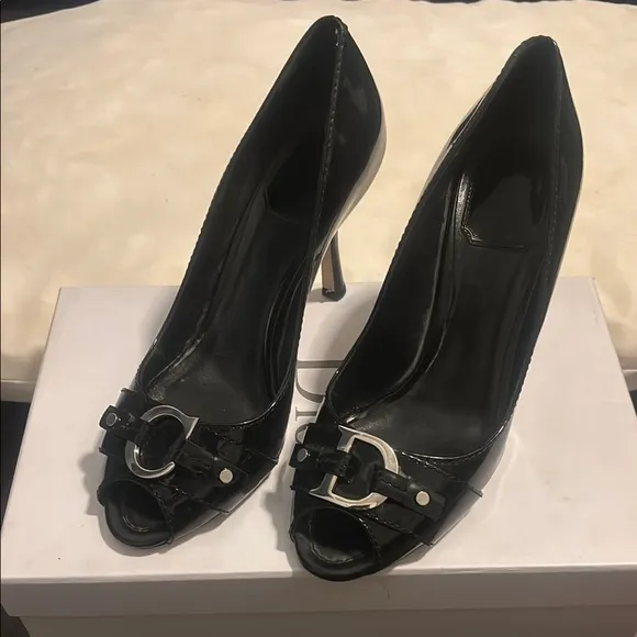 Christian Dior Black Patent Leather CD Logo Peep Toe Pumps