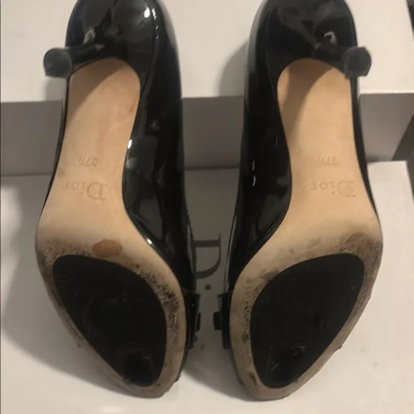 Christian Dior Black Patent Leather CD Logo Peep Toe Pumps