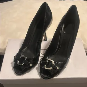 Christian Dior Black Patent Leather CD Logo Peep Toe Pumps