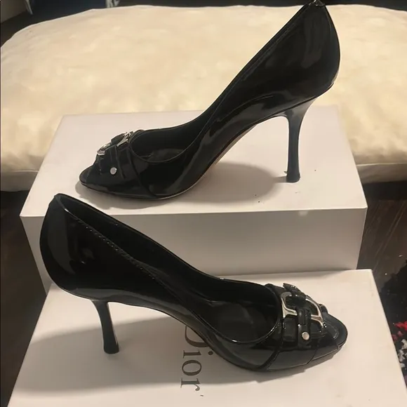 Christian Dior Black Patent Leather CD Logo Peep Toe Pumps