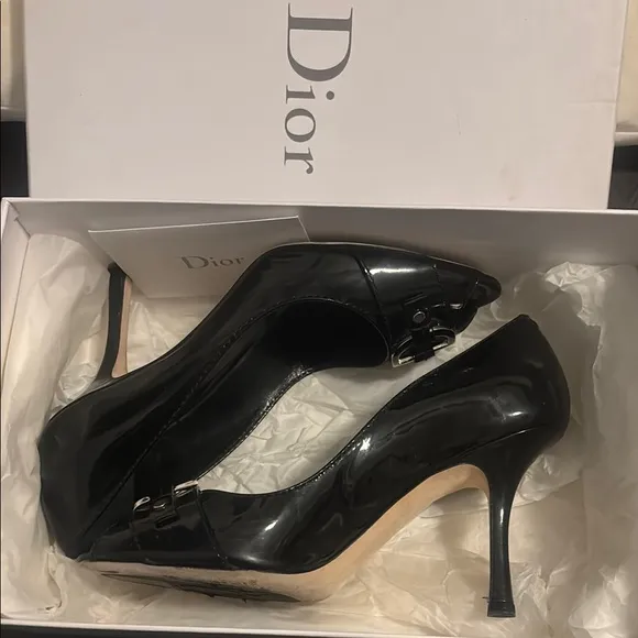 Christian Dior Black Patent Leather CD Logo Peep Toe Pumps