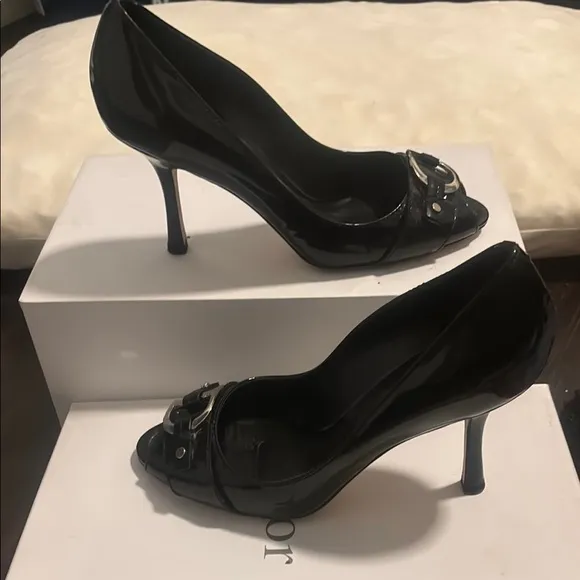 Christian Dior Black Patent Leather CD Logo Peep Toe Pumps