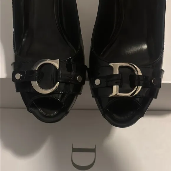 Christian Dior Black Patent Leather CD Logo Peep Toe Pumps