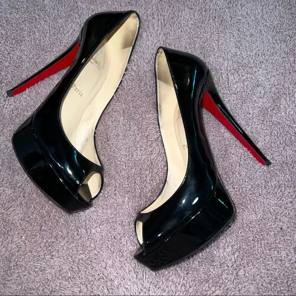 CHRISTIAN LOUBOUTIN Black Patent Leather Lady Peep 150 Platform Peep-Toe…