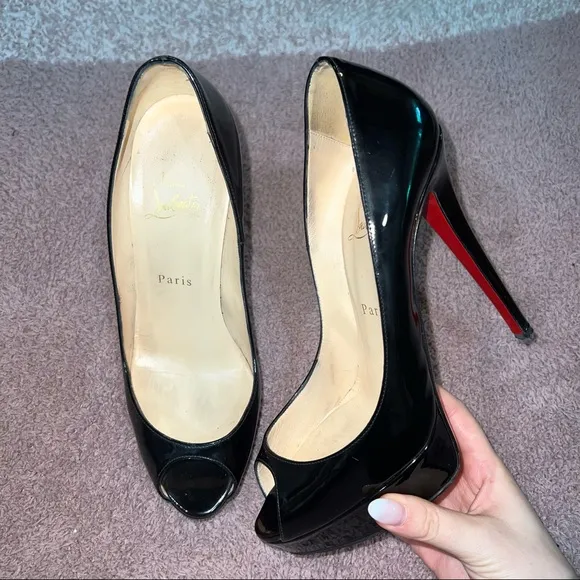 CHRISTIAN LOUBOUTIN Black Patent Leather Lady Peep 150 Platform Peep-Toe…
