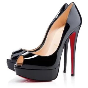 CHRISTIAN LOUBOUTIN Black Patent Leather Lady Peep 150 Platform Peep-Toe…