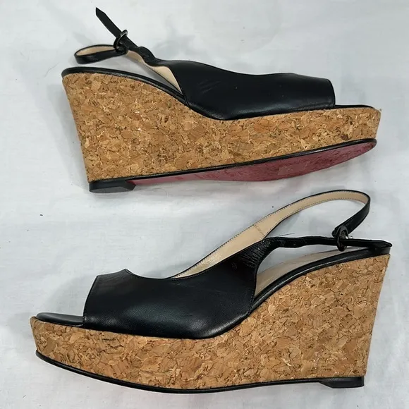 Christian Louboutin Girlie Zeppa Leather Cork Peep Toe Heel Shoes 40 1/2