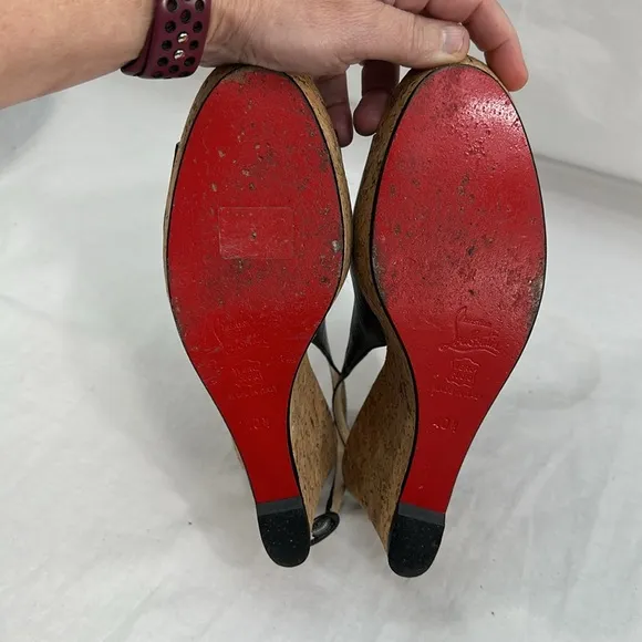 Christian Louboutin Girlie Zeppa Leather Cork Peep Toe Heel Shoes 40 1/2