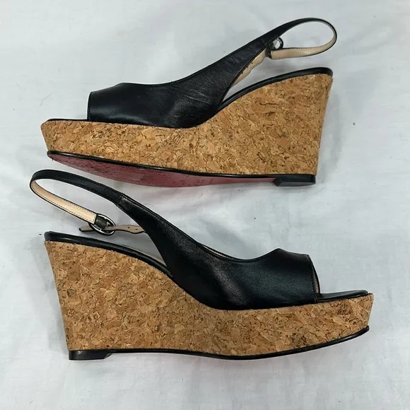 Christian Louboutin Girlie Zeppa Leather Cork Peep Toe Heel Shoes 40 1/2