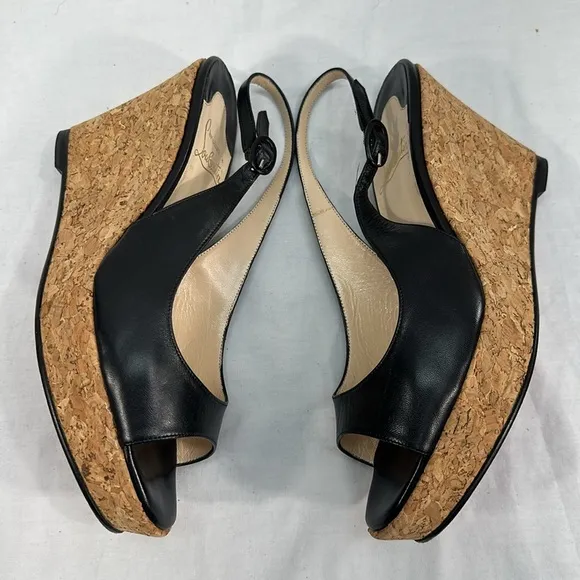 Christian Louboutin Girlie Zeppa Leather Cork Peep Toe Heel Shoes 40 1/2