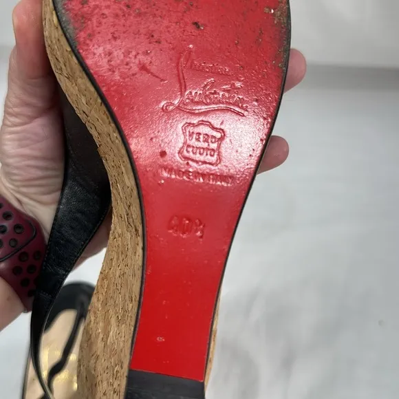 Christian Louboutin Girlie Zeppa Leather Cork Peep Toe Heel Shoes 40 1/2