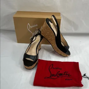 Christian Louboutin Girlie Zeppa Leather Cork Peep Toe Heel Shoes 40 1/2
