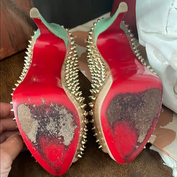 Christian Louboutin Gold and Pink Spiked Peep-Toe Heels