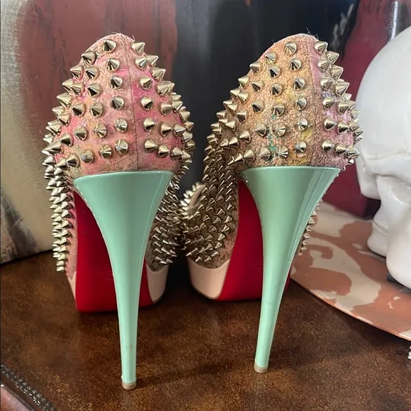 Christian Louboutin Gold and Pink Spiked Peep-Toe Heels