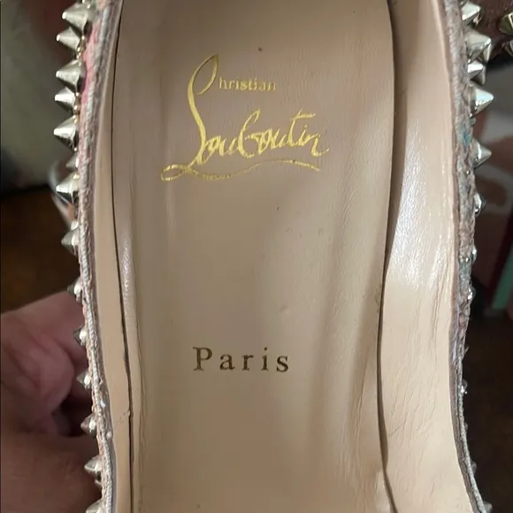 Christian Louboutin Gold and Pink Spiked Peep-Toe Heels
