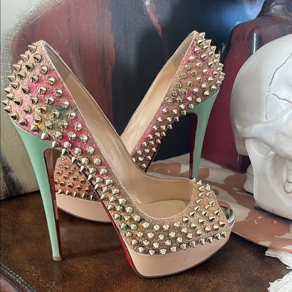 Christian Louboutin Gold and Pink Spiked Peep-Toe Heels