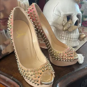 Christian Louboutin Gold and Pink Spiked Peep-Toe Heels