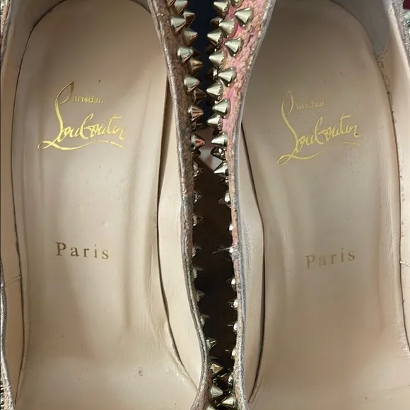 Christian Louboutin Gold and Pink Spiked Peep-Toe Heels