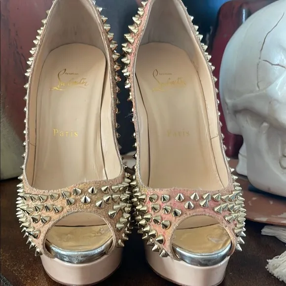 Christian Louboutin Gold and Pink Spiked Peep-Toe Heels