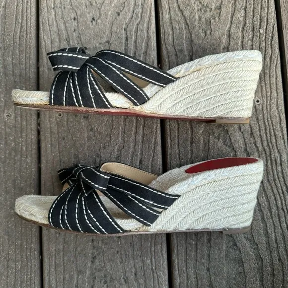 Christian Louboutin Tiburon Espadrille Wedge Sandals 39 US 8.5 Black Suede Bow