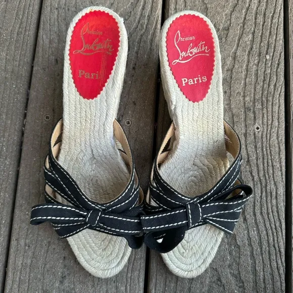 Christian Louboutin Tiburon Espadrille Wedge Sandals 39 US 8.5 Black Suede Bow