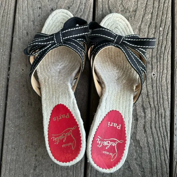 Christian Louboutin Tiburon Espadrille Wedge Sandals 39 US 8.5 Black Suede Bow
