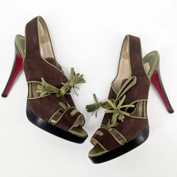 Christian Louboutin Vintage Sarah B Tassel Suede Heels Brown Green Size 39