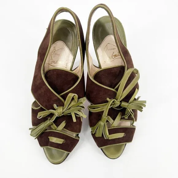 Christian Louboutin Vintage Sarah B Tassel Suede Heels Brown Green Size 39