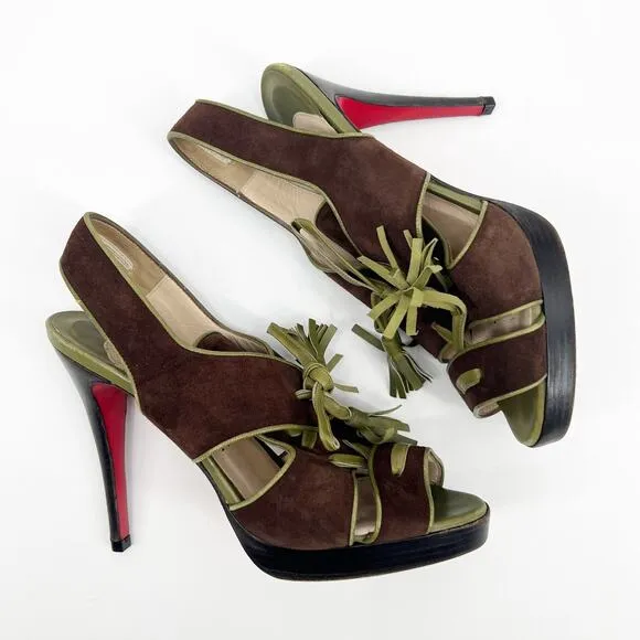 Christian Louboutin Vintage Sarah B Tassel Suede Heels Brown Green Size 39