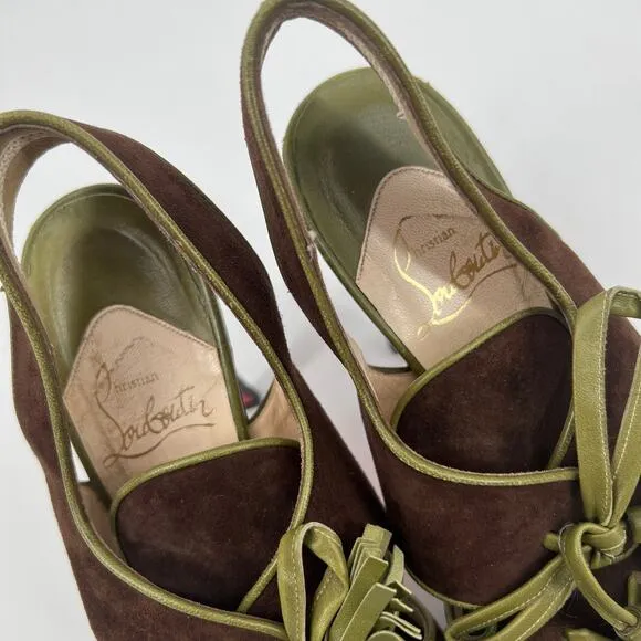 Christian Louboutin Vintage Sarah B Tassel Suede Heels Brown Green Size 39