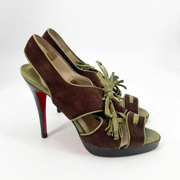 Christian Louboutin Vintage Sarah B Tassel Suede Heels Brown Green Size 39