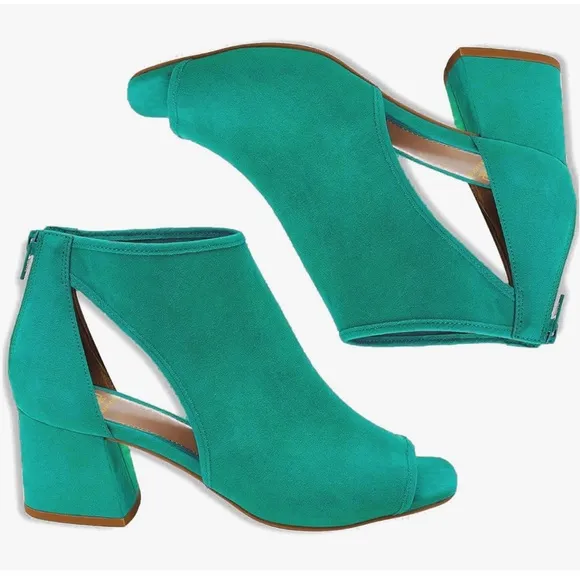 Chunky High Heel Booties Suede Open Toe  2” Block Stacked Heel
