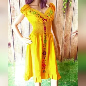 Cinco De Mayo Embroidered dress, yellow, flowers, 100% cotton, Size small