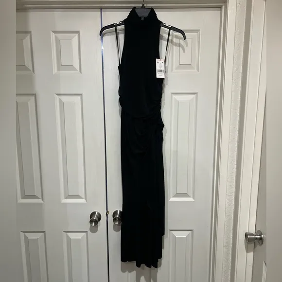 CINQ A SEPT BLACK RORI HALTER FLOUNCE DRESS