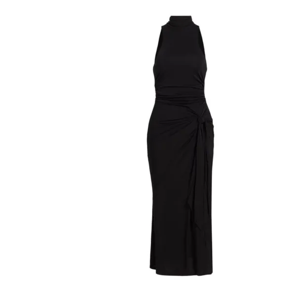 CINQ A SEPT BLACK RORI HALTER FLOUNCE DRESS