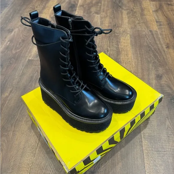 Circus NY by Sam Edelman Black Slater Lace Up Wedge Heel Boots